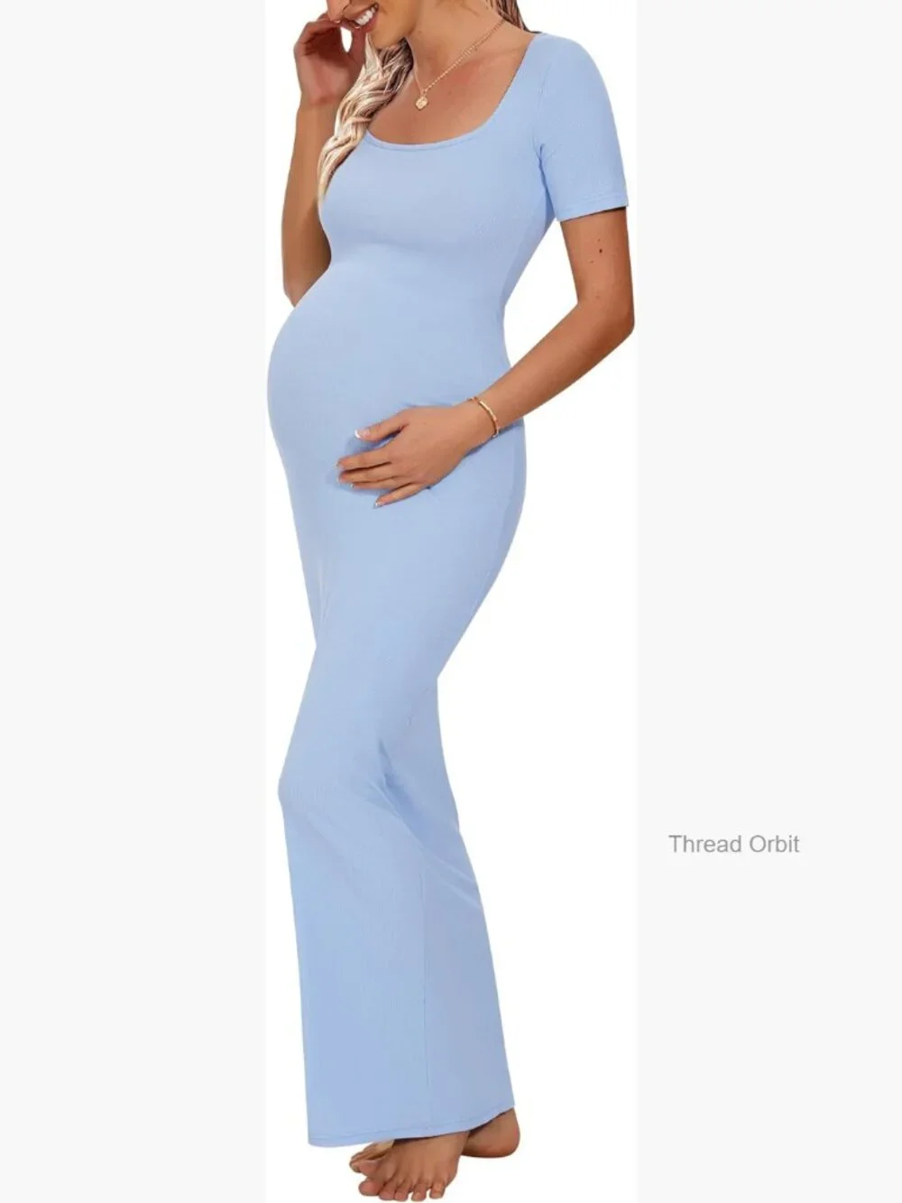 Maternity Bodycon Maxi Dress Ribbed Square Neck Short Sleeve Photoshoot